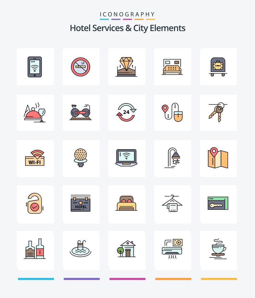 servicios de hotel creativos y elementos de la ciudad paquete de iconos rellenos de 25 líneas, como equipaje. servicio. brillante. dormitorio. hotel vector