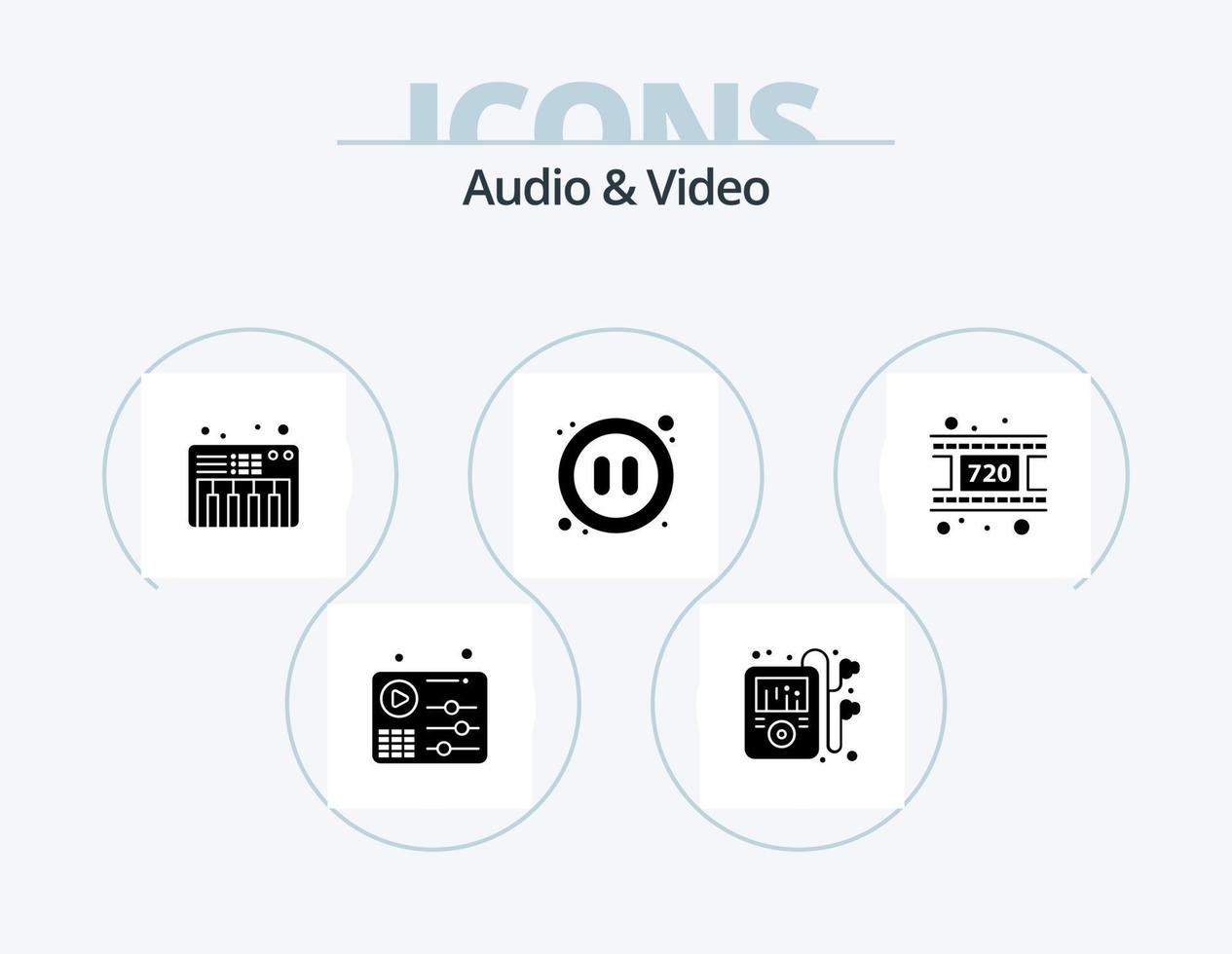 paquete de iconos de glifos de audio y video 5 diseño de iconos. . carrete. piano. película. pausa vector