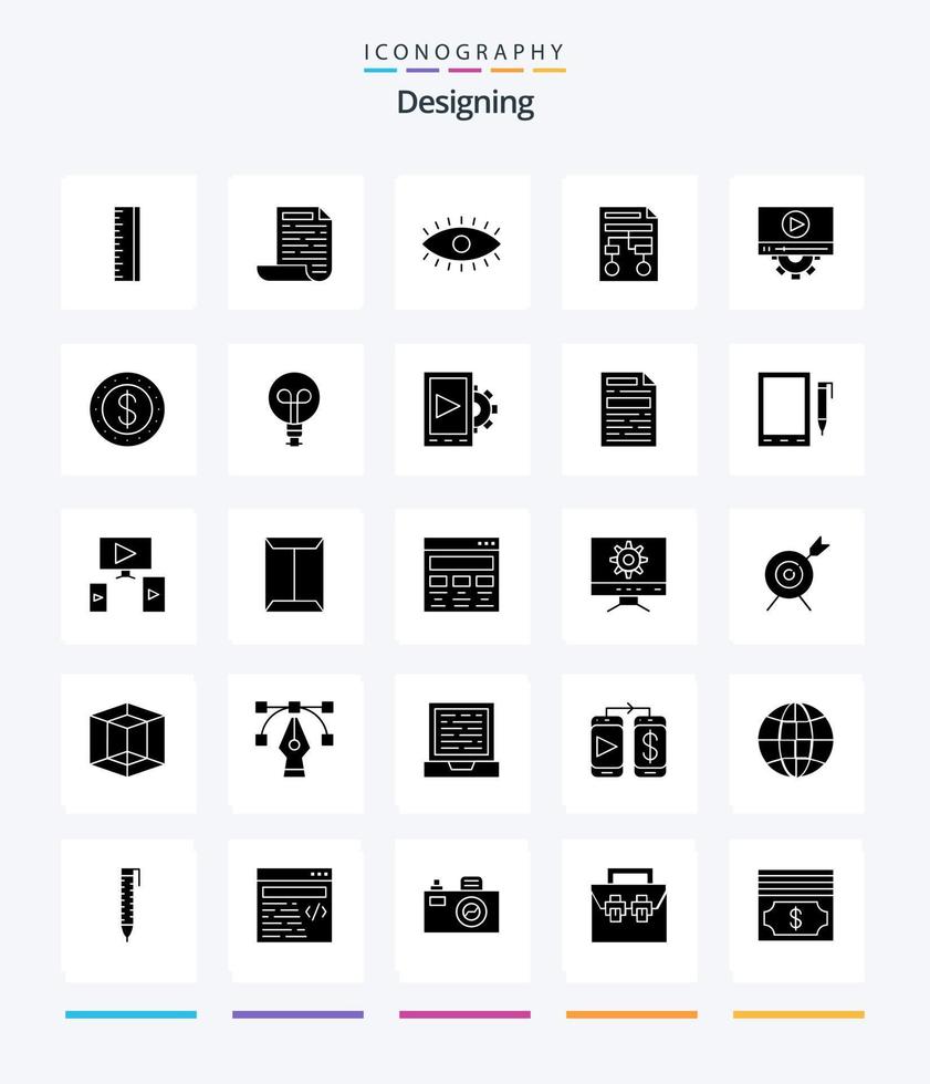 Creative Designing 25 Glyph Solid Black icon pack  Such As setting. video. watch. document. process vector