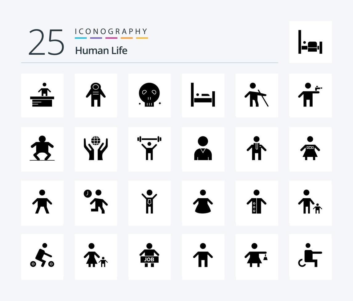 paquete de iconos de 25 glifos sólidos humanos que incluye antiguo. dormir. huesos. gente. cama vector