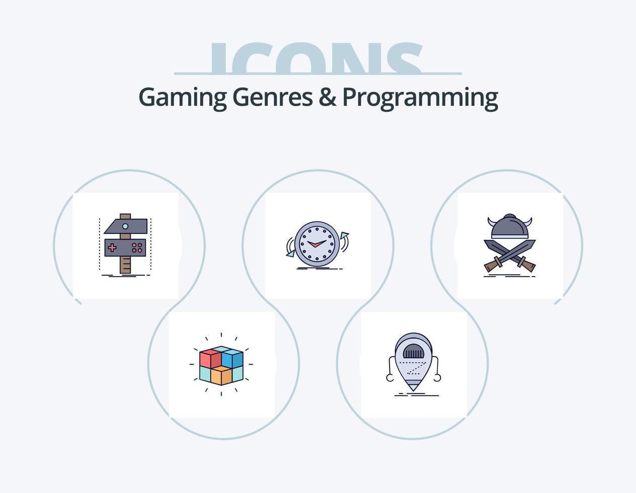 géneros de juegos y línea de programación llenos de iconos pack 5 diseño de iconos. juego de azar. arcada. matemáticas. cubo. rompecabezas vector