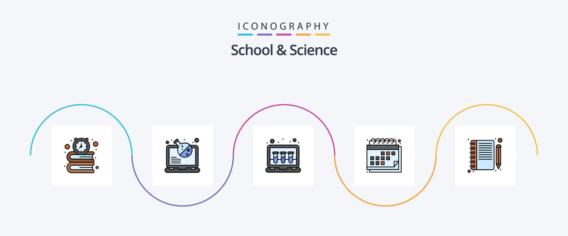 la línea de la escuela y la ciencia llenó el paquete de iconos planos 5 que incluye el cuaderno. cronograma. químico. fecha. cita vector