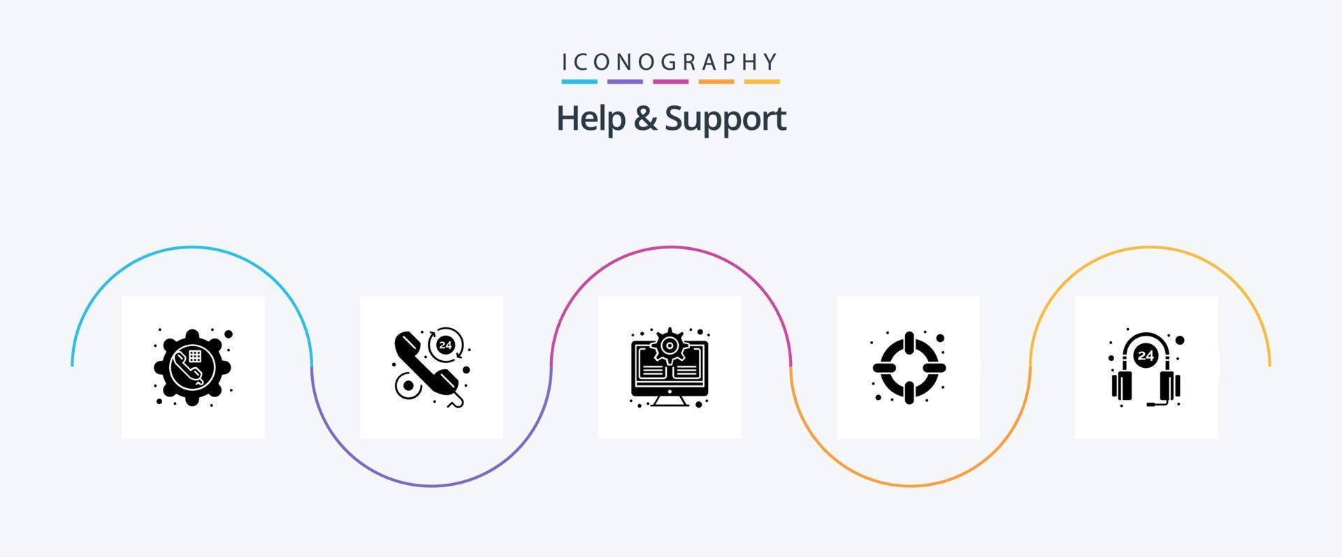 Help And Support Glyph 5 Icon Pack Including customer. lifesaver. hours. help. system vector