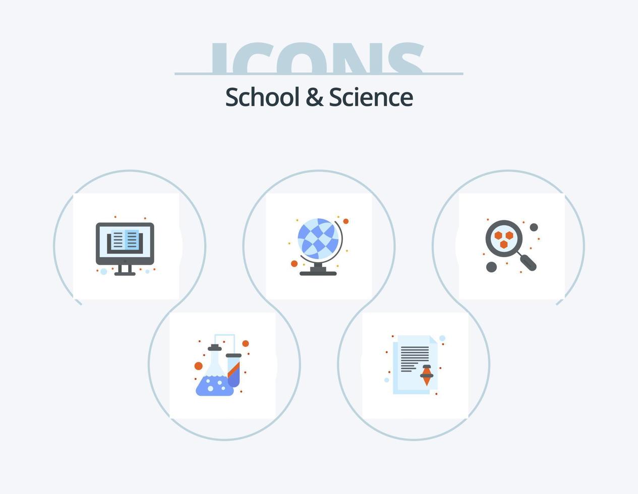 School And Science Flat Icon Pack 5 Icon Design. molecule. book. globe. education vector