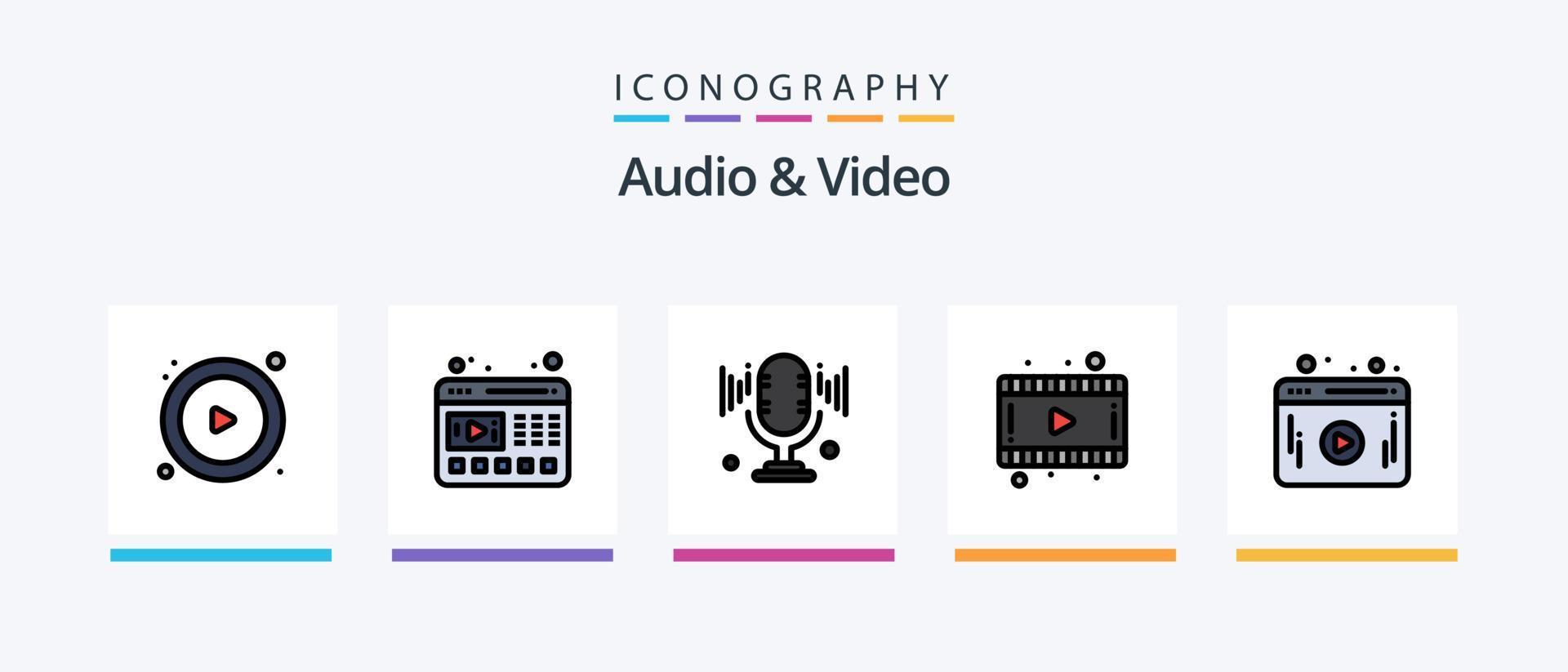 Audio And Video Line Filled 5 Icon Pack Including . player. speaker. web. sound waves. Creative Icons Design vector