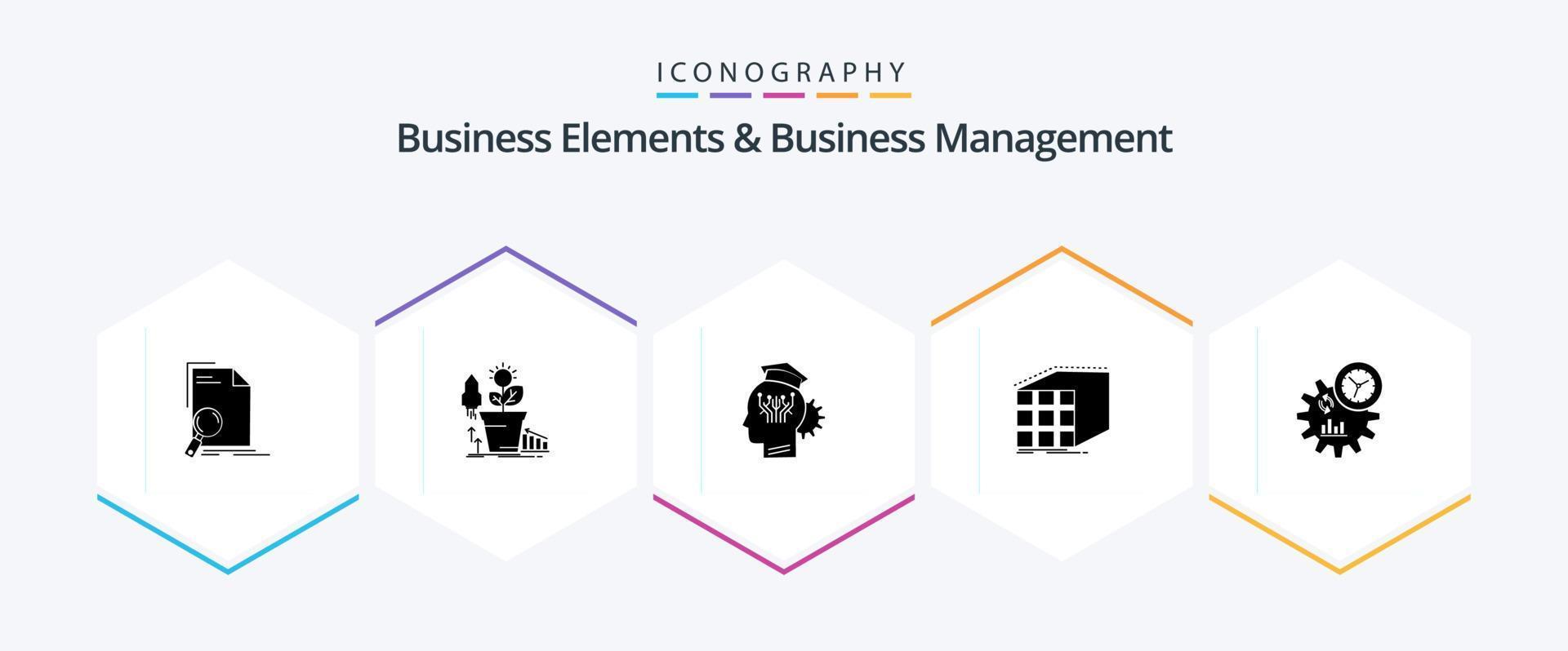 Business Elements And Business Managment 25 Glyph icon pack including cube. abstract. money. technology. sharing vector
