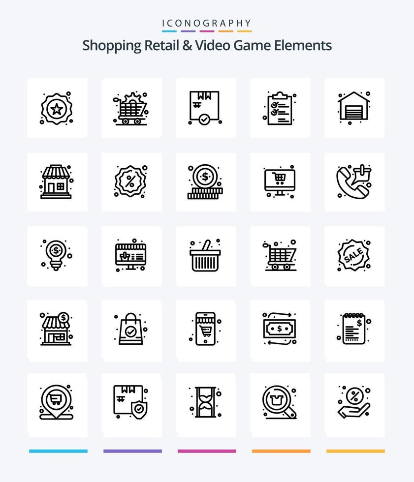 compras creativas minoristas y elementos de videojuegos 25 esbozan paquete de iconos como compras. compras. compras. lista. clíper vector