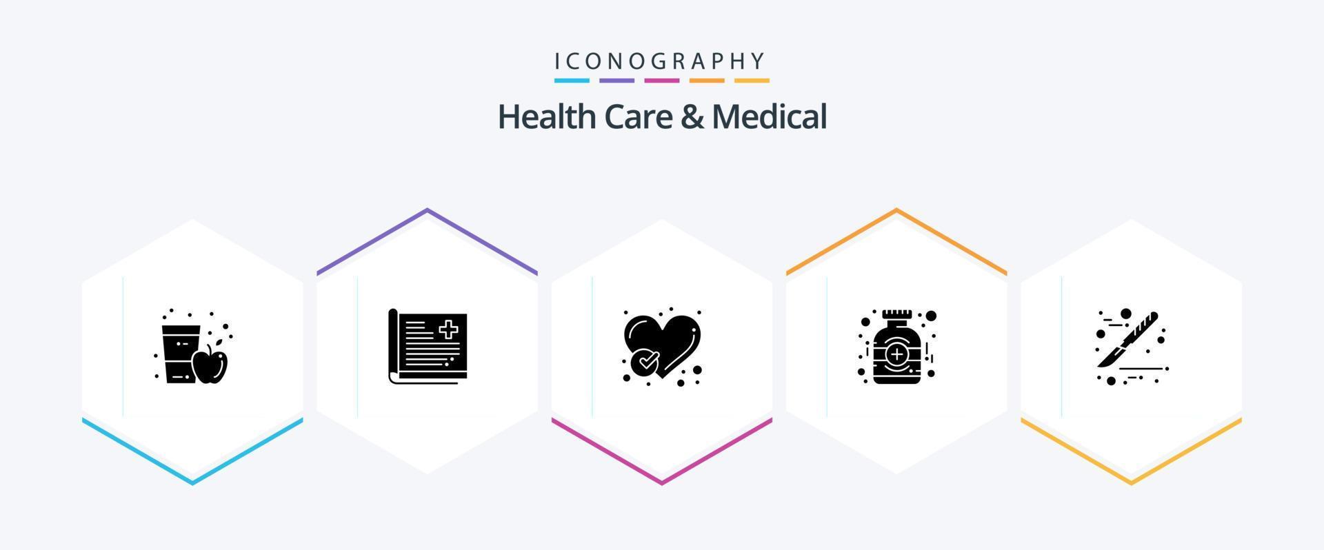Health Care And Medical 25 Glyph icon pack including medicine. bottle. report. like. done vector