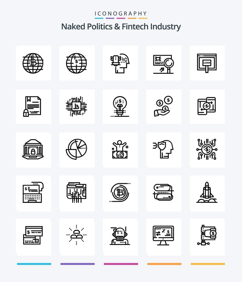 Creative Naked Politics And Fintech Industry 25 OutLine icon pack  Such As money. internet. security. credit. detection vector