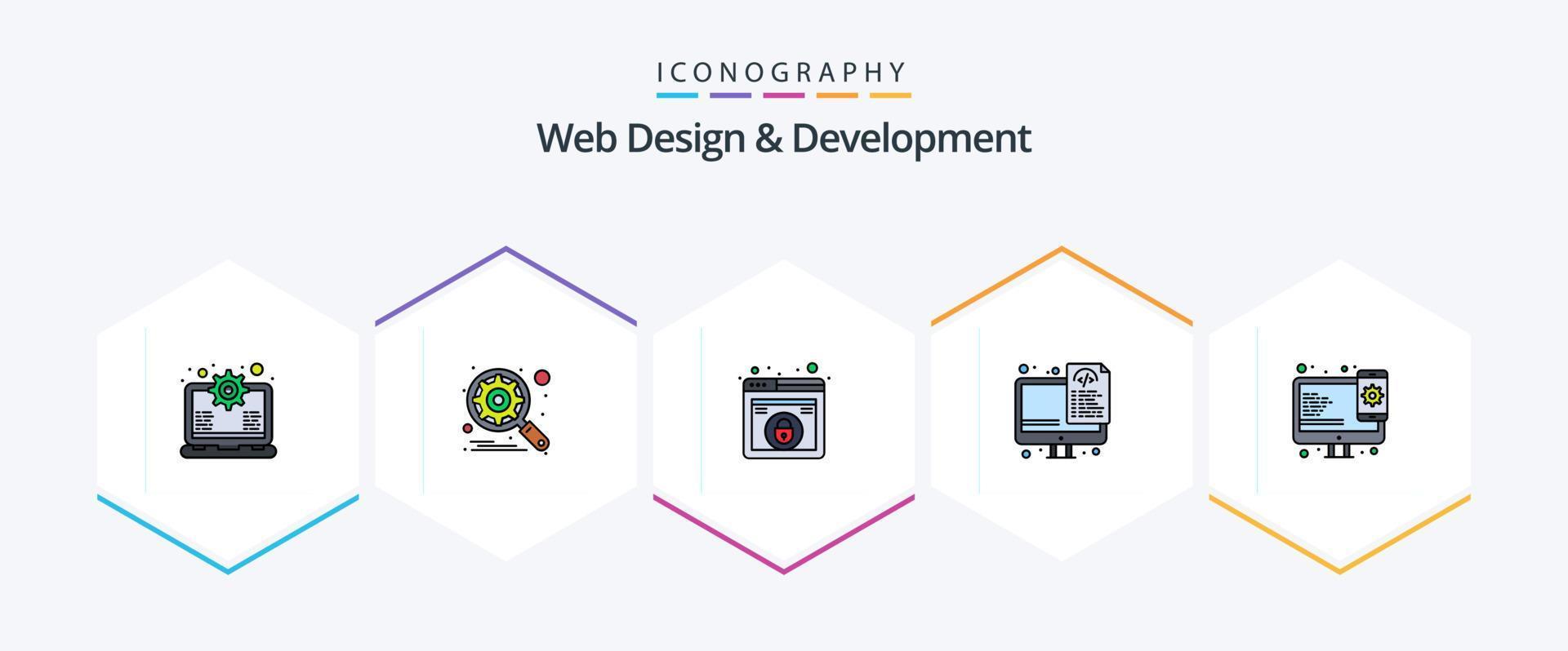 Web Design And Development 25 FilledLine icon pack including responsive. files. design. programming. coding vector