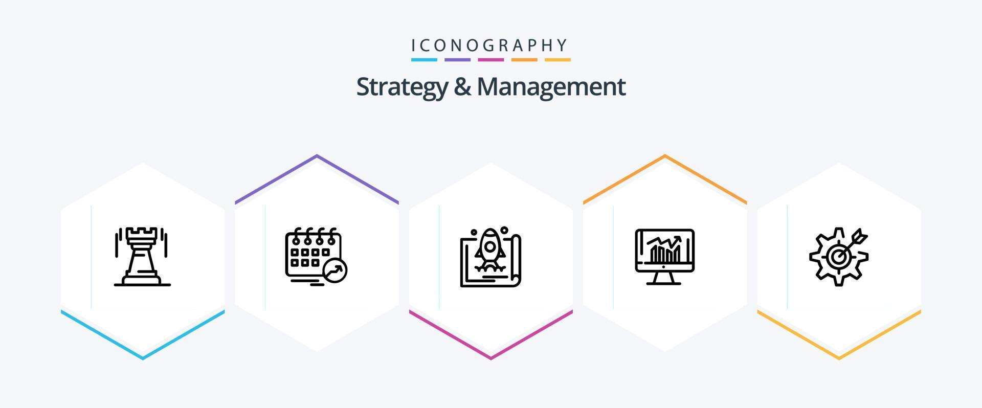 Strategy And Management 25 Line icon pack including report. business. schedule. promote. startup vector