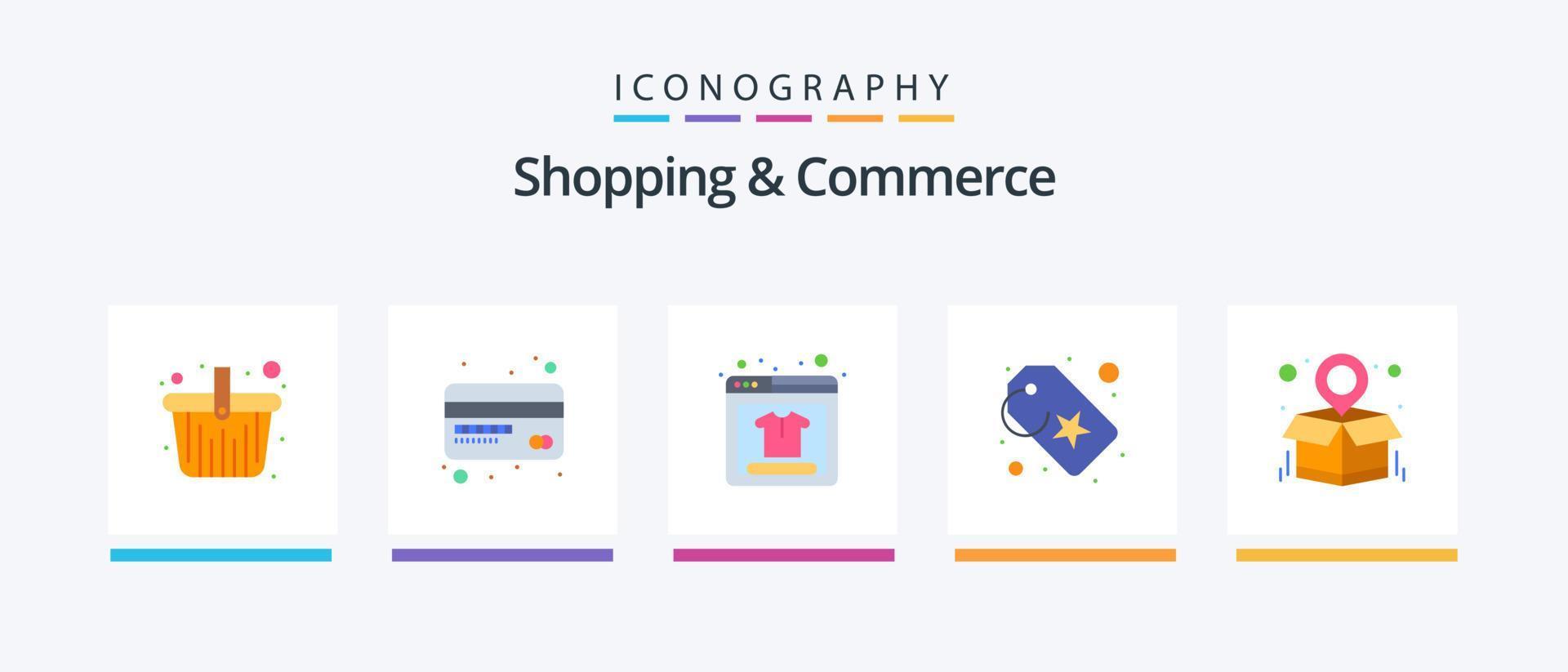 Paquete de 5 iconos planos de compras y comercio que incluye. destino del paquete. las compras en línea. mapa del paquete etiqueta de venta diseño de iconos creativos vector