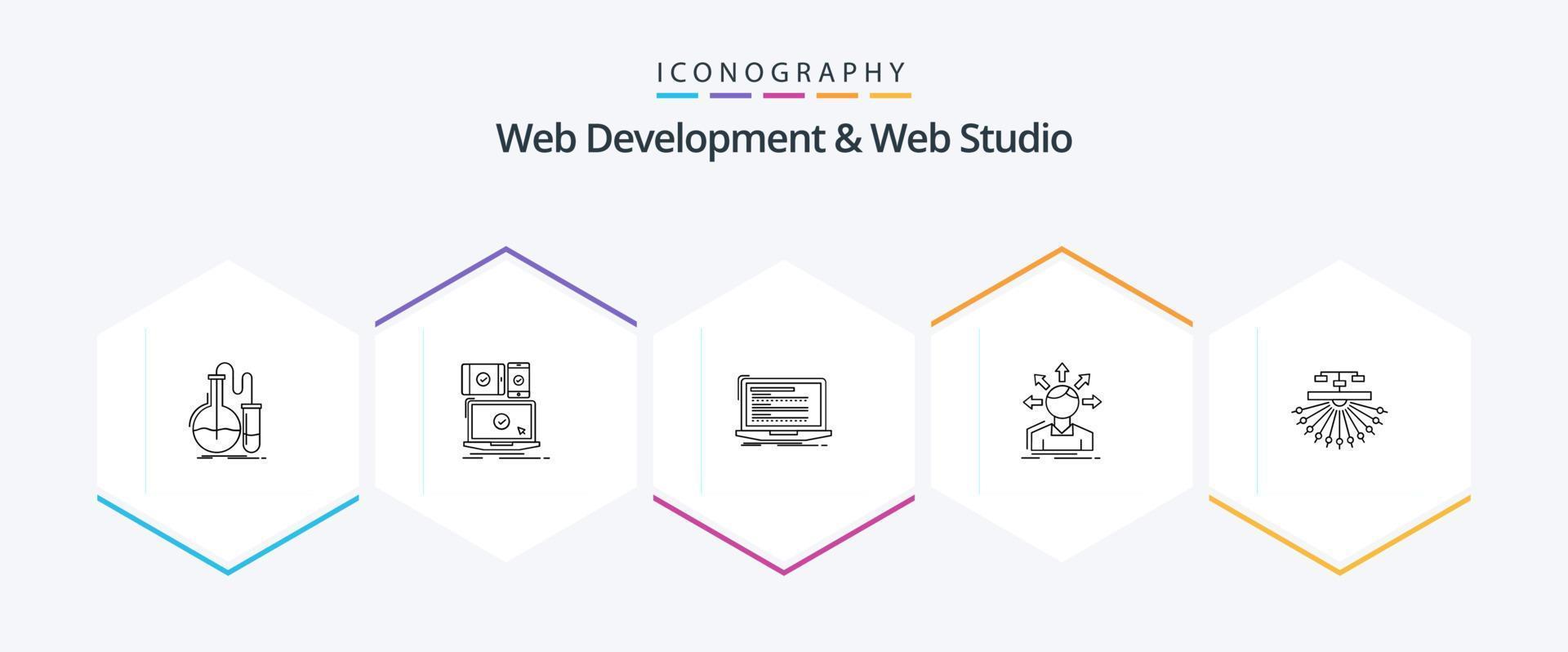 paquete de iconos de 25 líneas de desarrollo web y estudio web que incluye opciones. conversión. sensible. guion. computadora vector