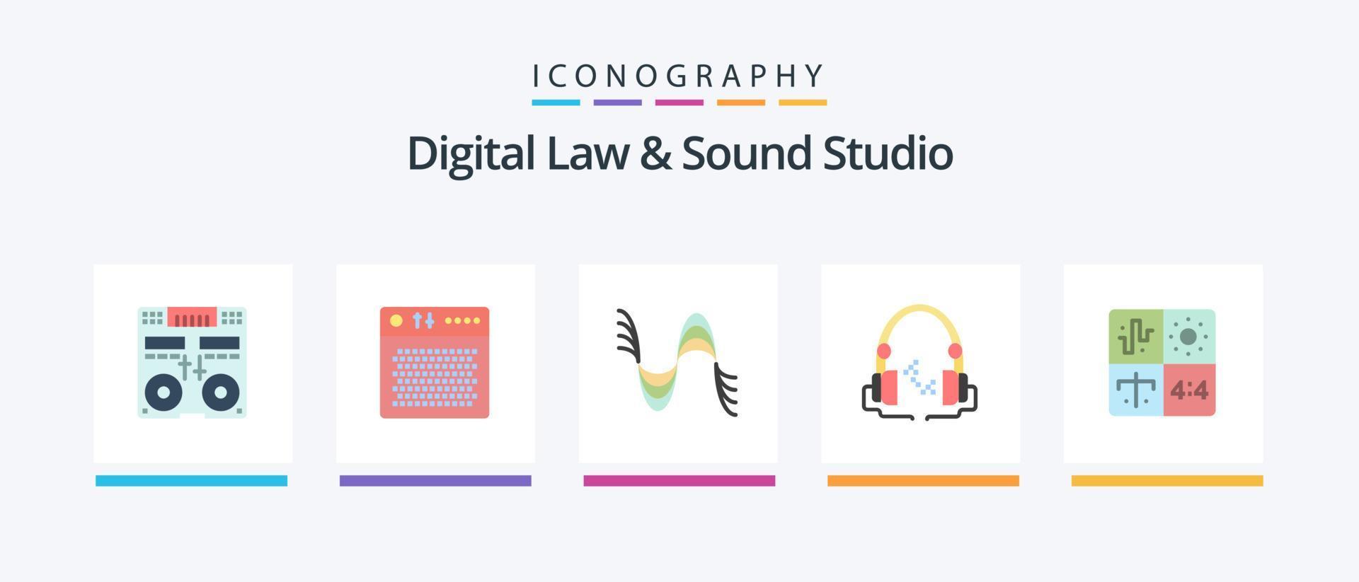 paquete de iconos de 5 planos de estudio de derecho y sonido digital que incluye audio. auricular. multimedia. sonido. paso. diseño de iconos creativos vector