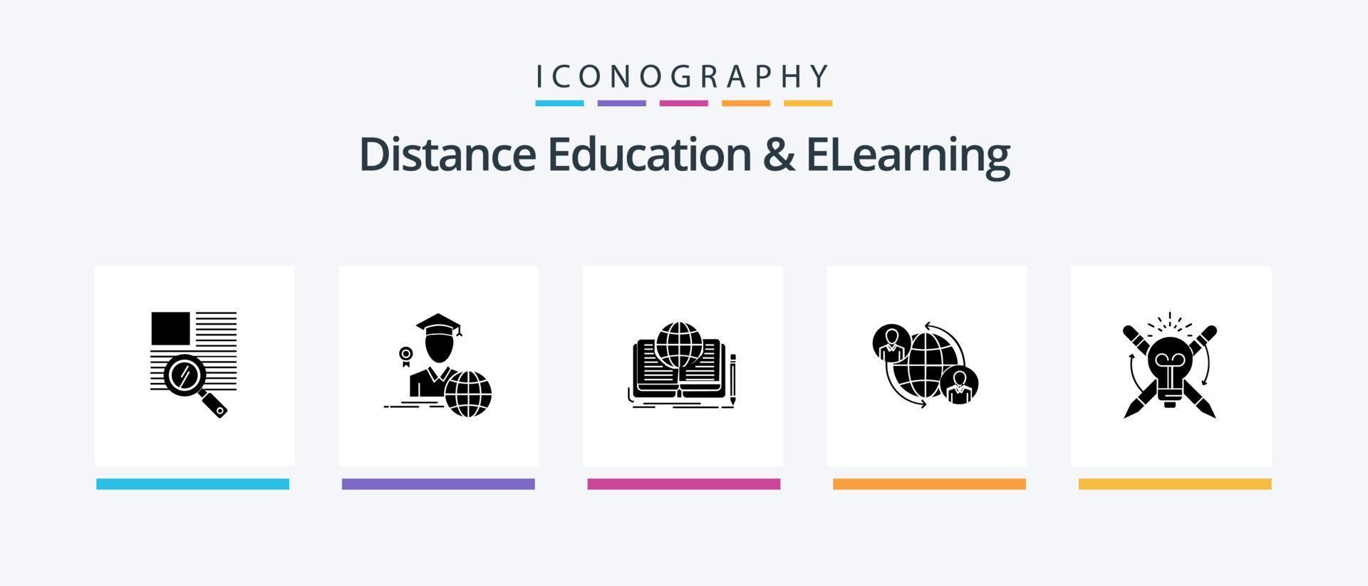 Distance Education And Elearning Glyph 5 Icon Pack Including global. user. writing. connections. theory. Creative Icons Design vector