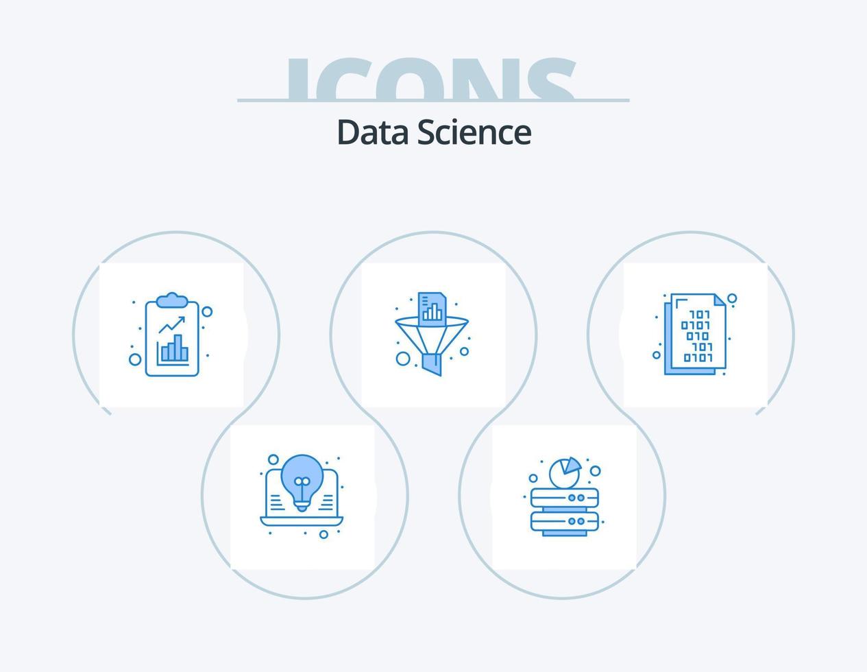Data Science Blue Icon Pack 5 Icon Design. funnel. document. server. data filter. science vector