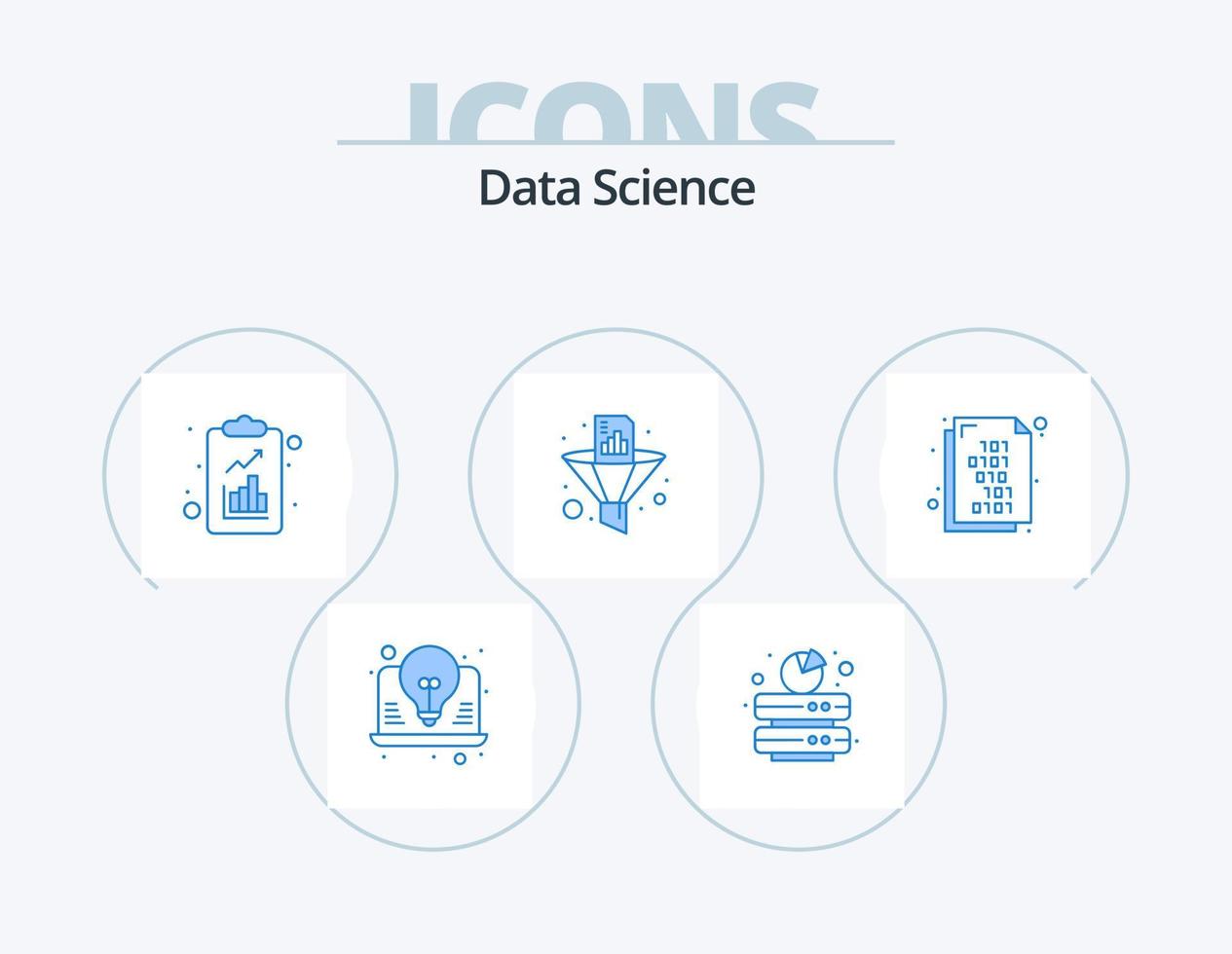 paquete de iconos azul de ciencia de datos 5 diseño de iconos. embudo. documento. servidor. filtro de datos ciencia vector