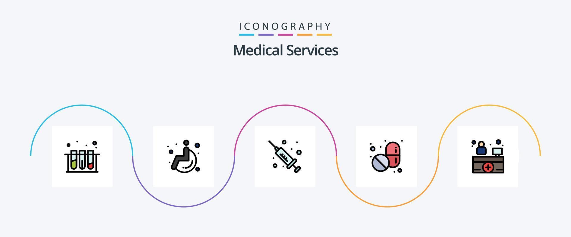 la línea de servicios médicos llenó el paquete de iconos planos 5 que incluye. médico. médico. recepcionista de hospital tableta vector