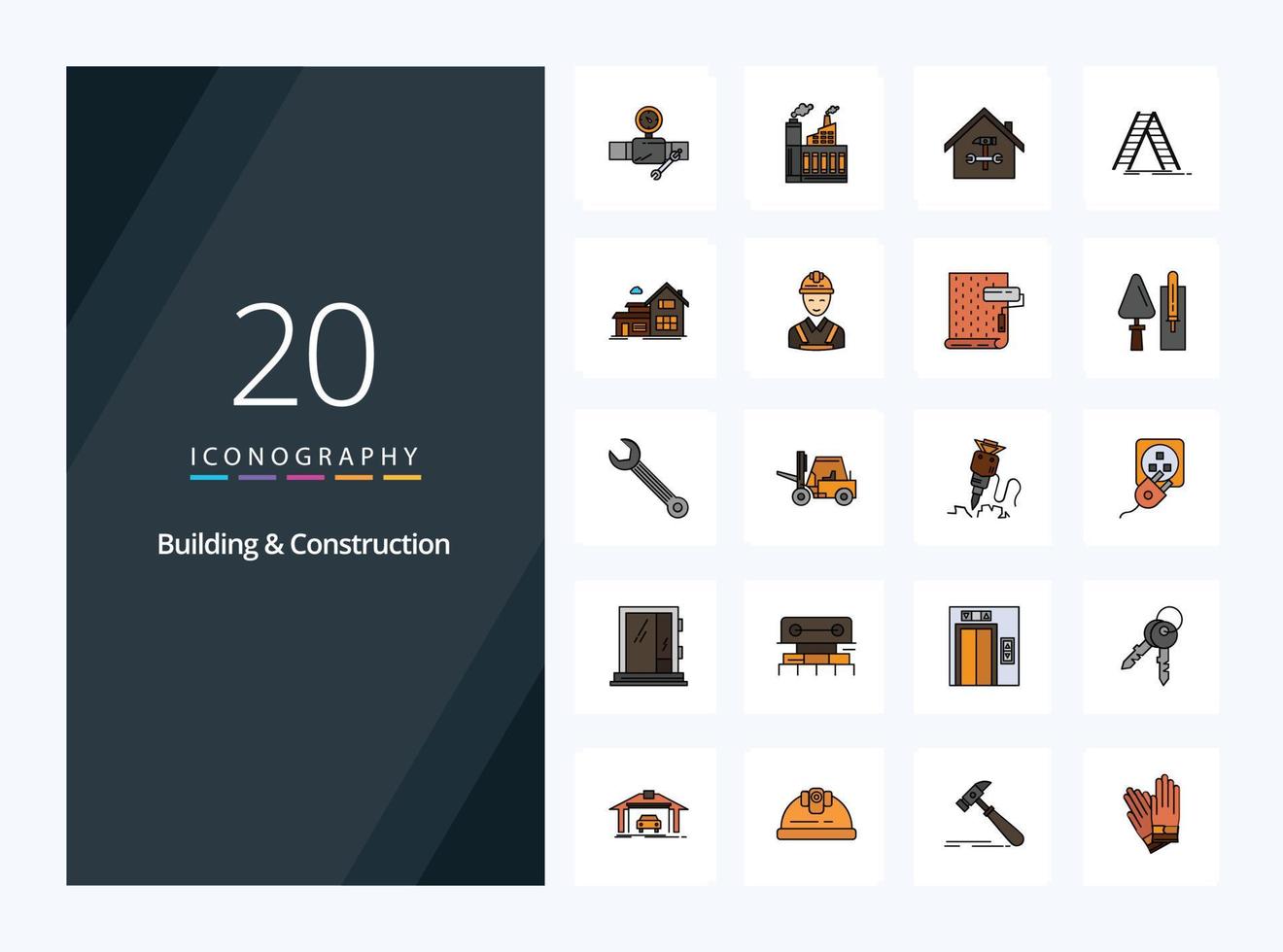 20 Building And Construction line Filled icon for presentation vector