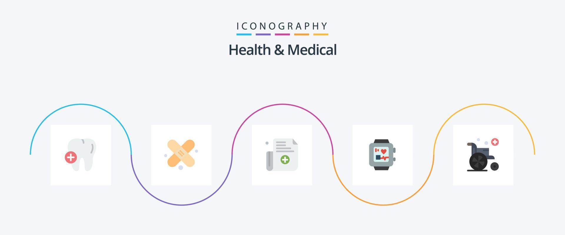 Paquete de 5 iconos planos de salud y medicina que incluye. registro. silla de ruedas médico vector