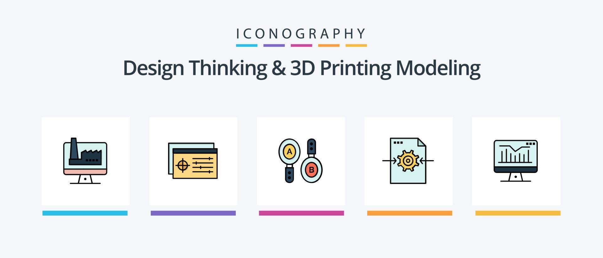 El pensamiento de diseño y la línea de modelado de impresión D llenaron un paquete de 5 íconos que incluye el dibujo. flecha. entretenimiento. configuración. archivo. diseño de iconos creativos vector