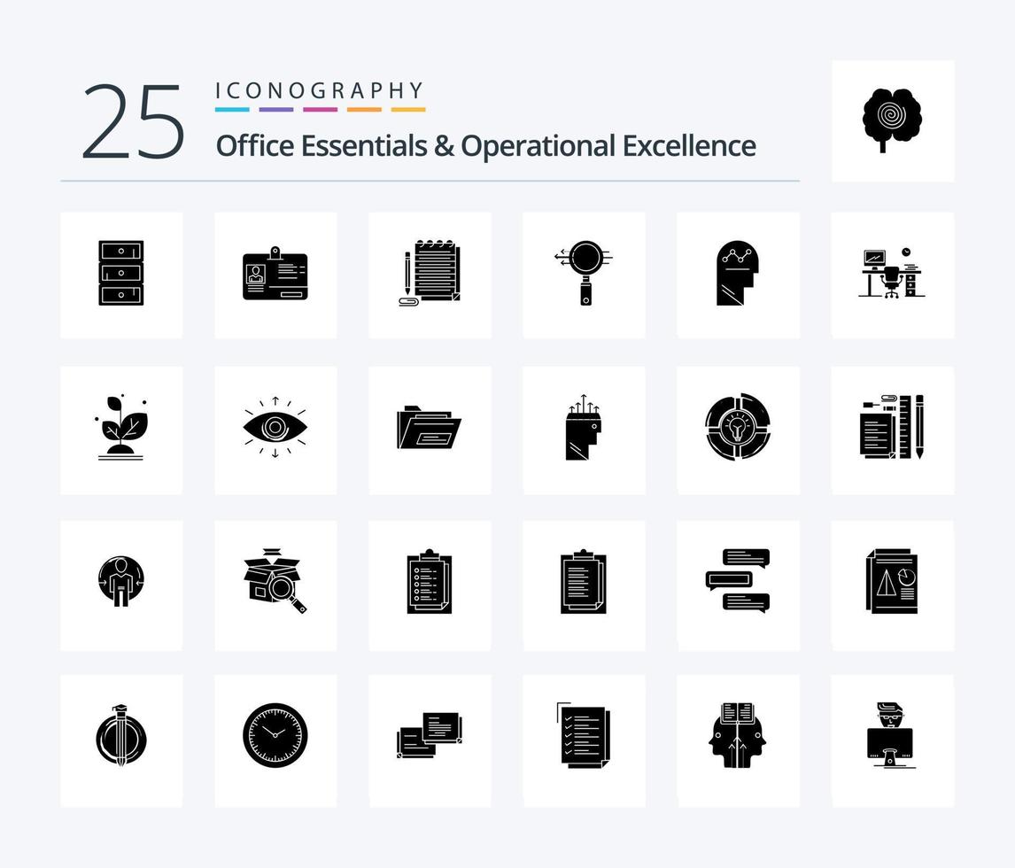 Office Essentials And Operational Exellence 25 Solid Glyph icon pack including process. zoom. notepad. e search. search vector