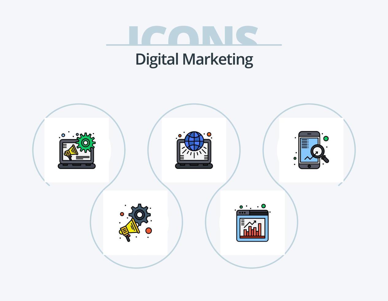 línea de marketing digital paquete de iconos llenos 5 diseño de iconos. datos. marketing. objetivo. mundo. neto vector