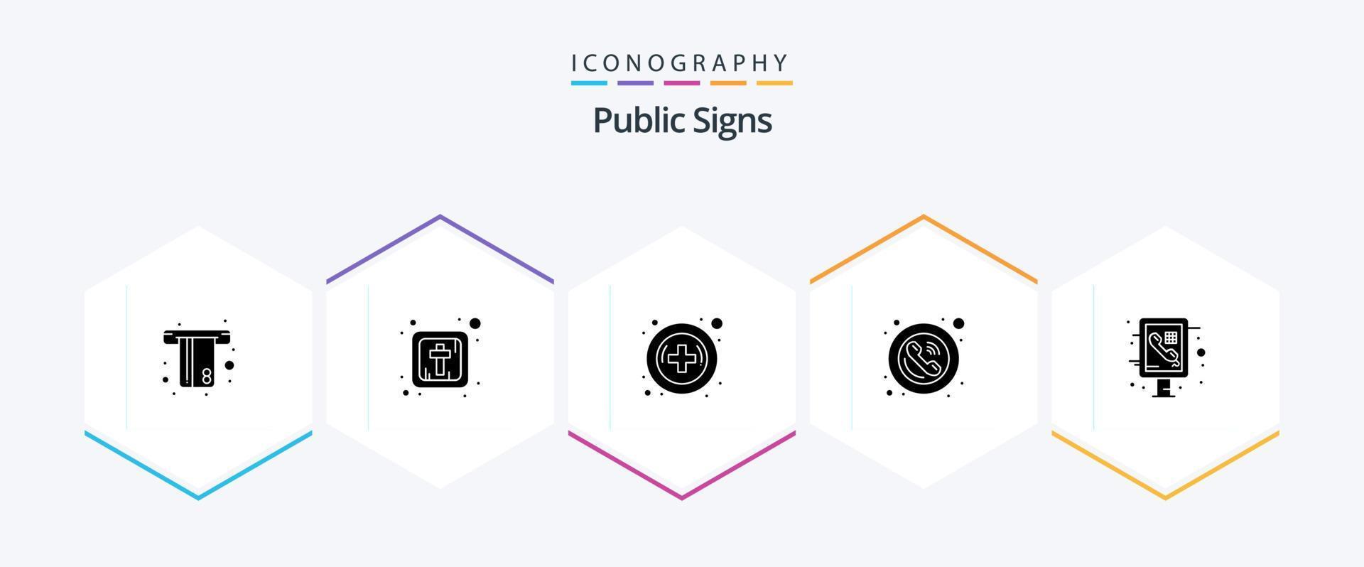 Public Signs 25 Glyph icon pack including phone. info graphic. medical. telephone. public vector