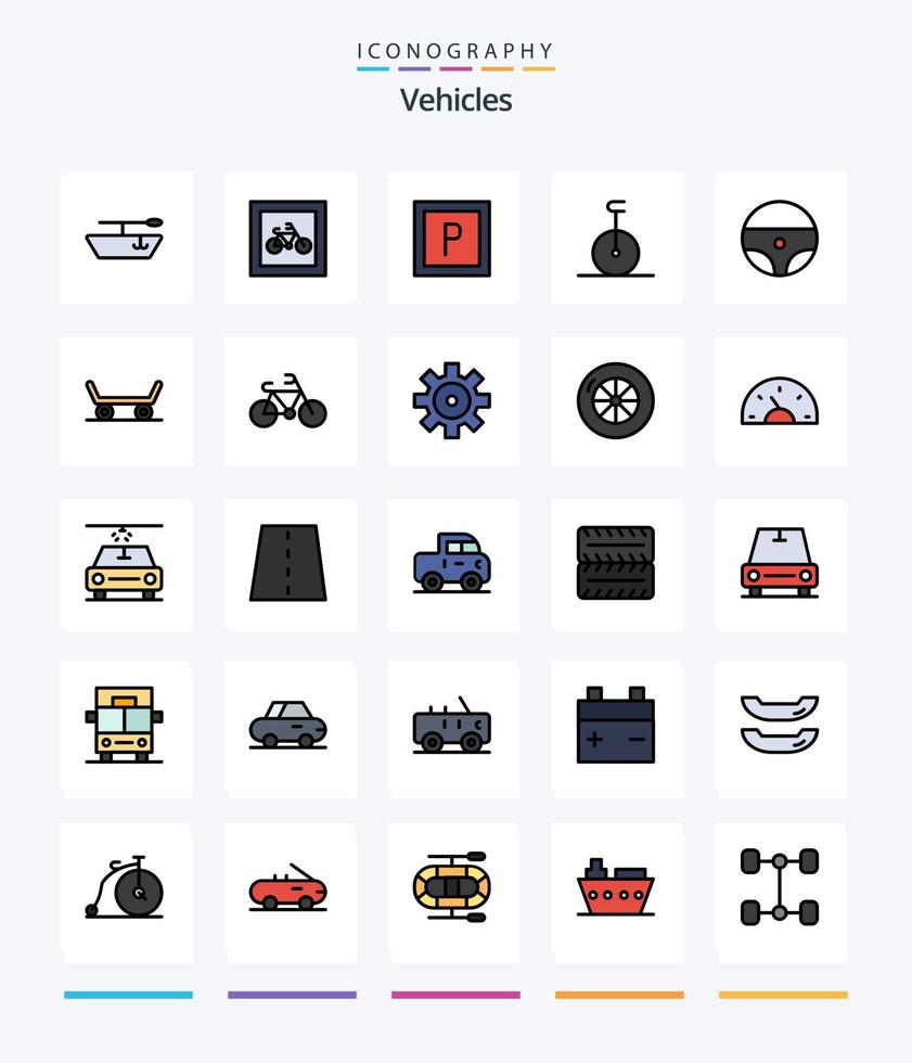 Creative Vehicles 25 Line FIlled icon pack  Such As sport. sport. circus. skateboard. steering vector