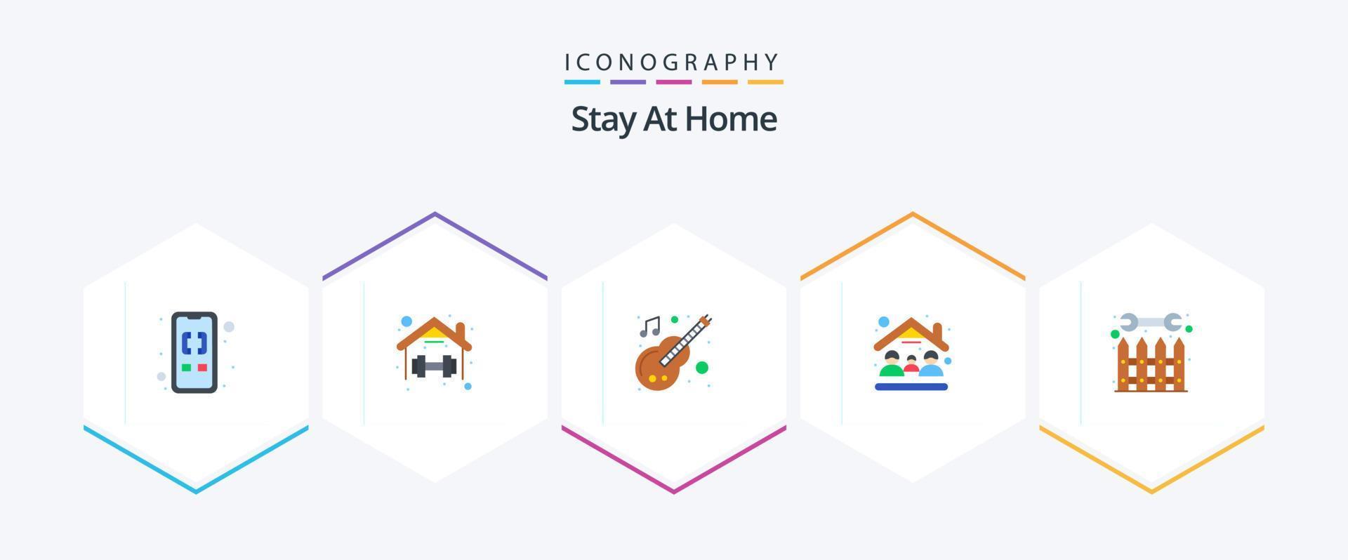 Stay At Home 25 Flat icon pack including stay at home. people. self. mask. music vector