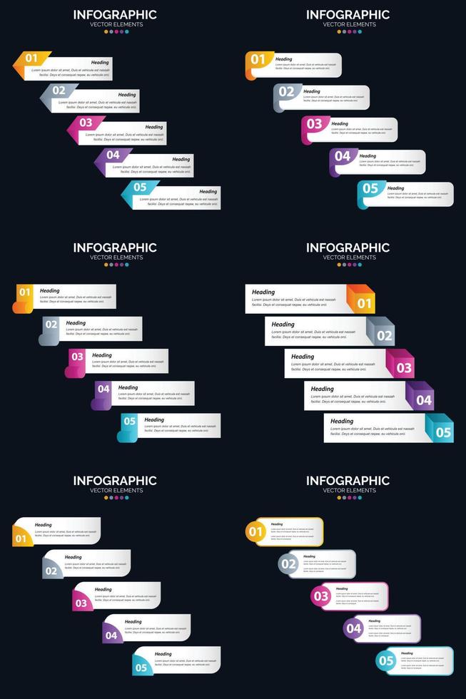 plantilla de diapositiva de presentación del paquete de infografías vectoriales 6 diagramas de ciclo de 5 pasos y líneas de tiempo vector