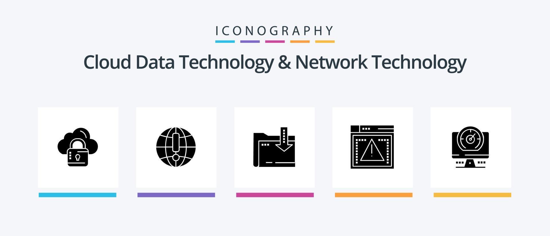 Cloud Data Technology And Network Technology Glyph 5 Icon Pack Including computer. error. folder. codiing.  file. Creative Icons Design vector