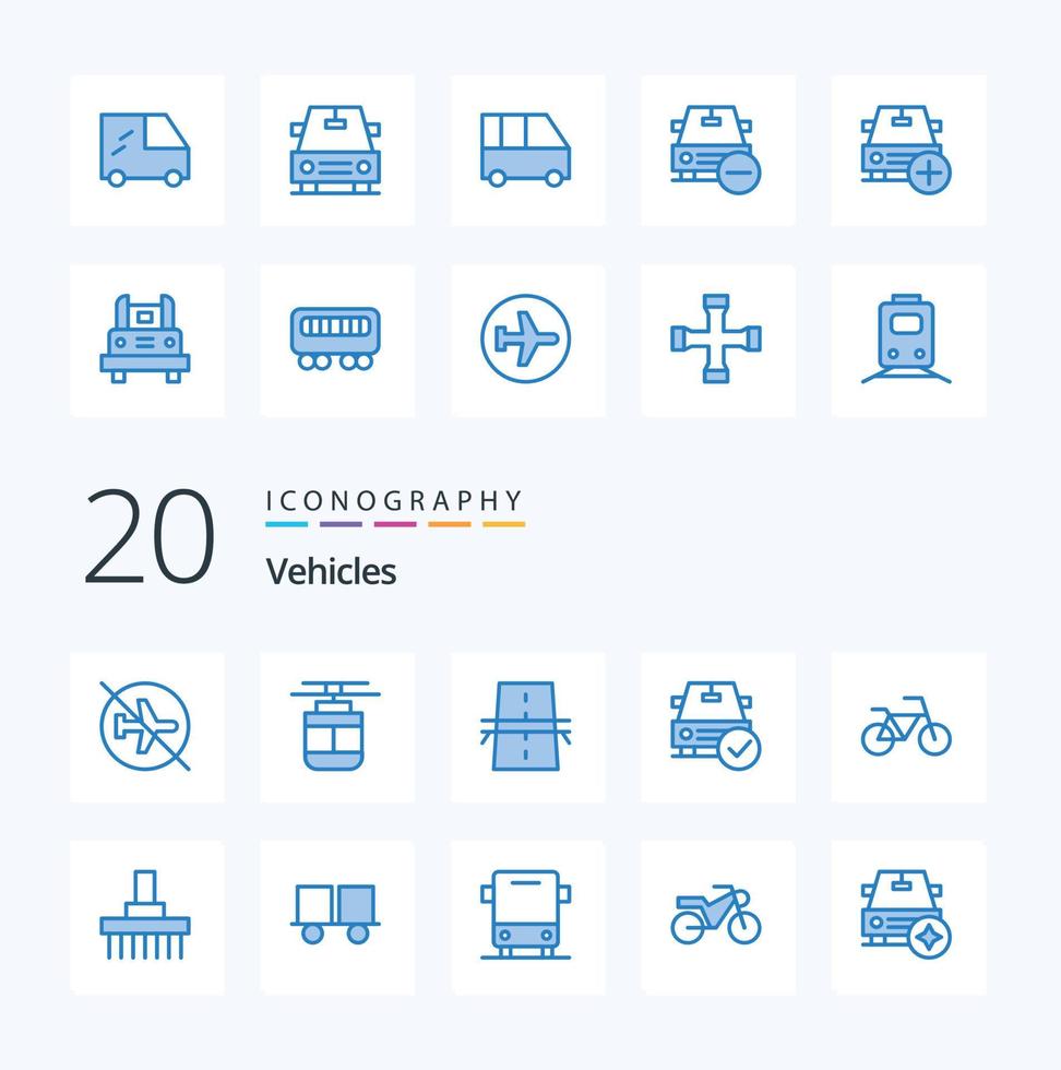 paquete de iconos de color azul de 20 vehículos como transporte de automóvil completo carretera creativa vector