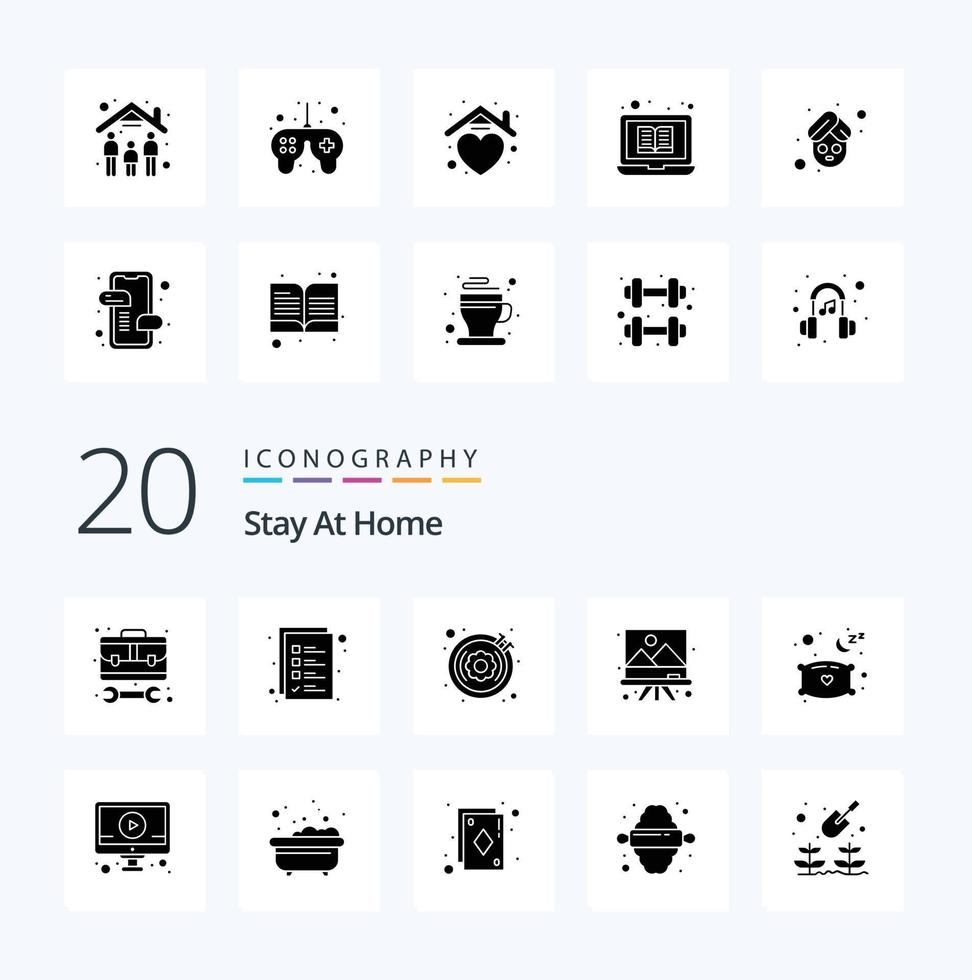 20 Stay At Home Solid Glyph icon Pack like relax art hobby painting art vector