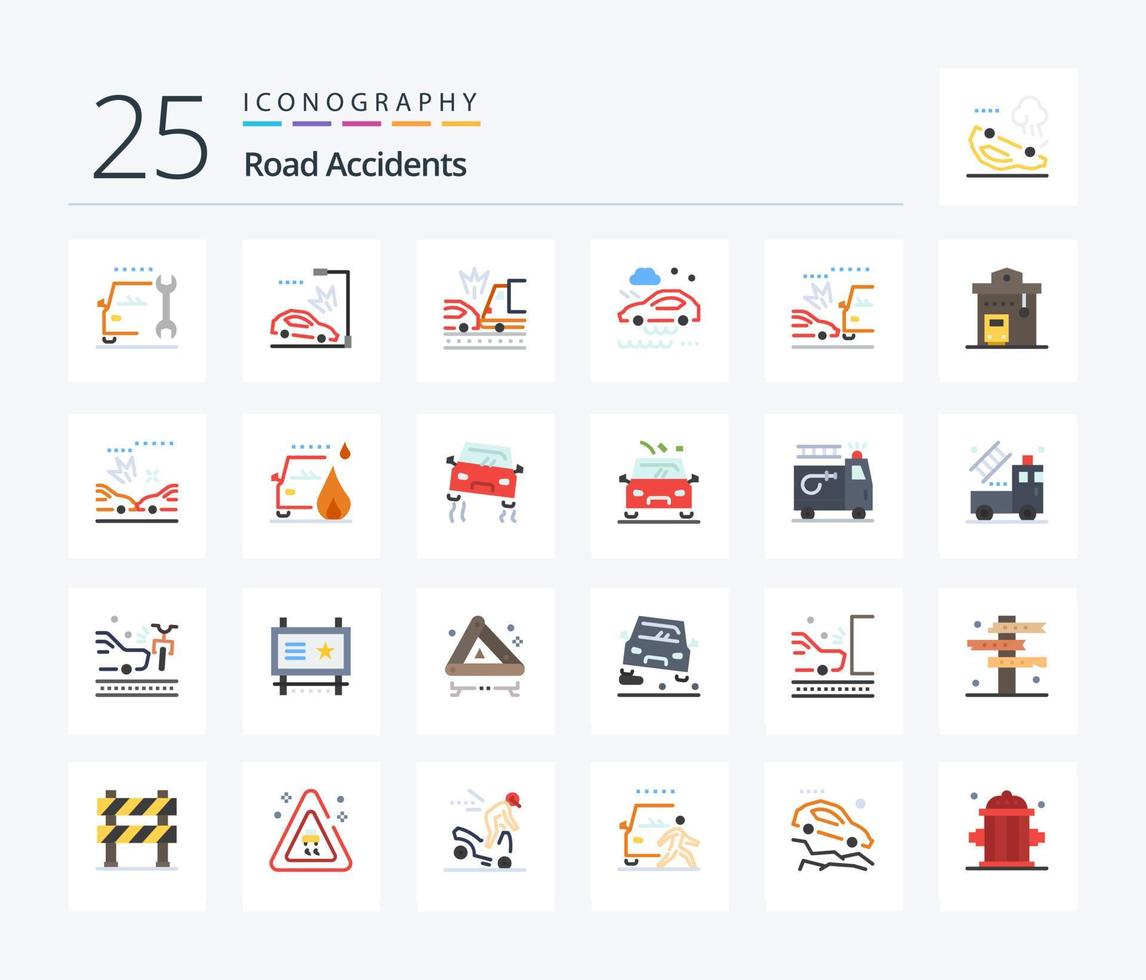 Road Accidents 25 Flat Color icon pack including car. wet road. accident. rain. bad weather condition vector