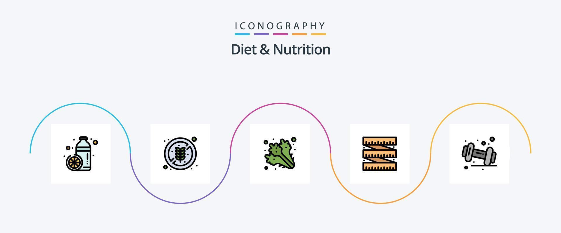 paquete de iconos de 5 planos llenos de línea de dieta y nutrición que incluye mancuerna. cintura. arroz. medición. verduras vector