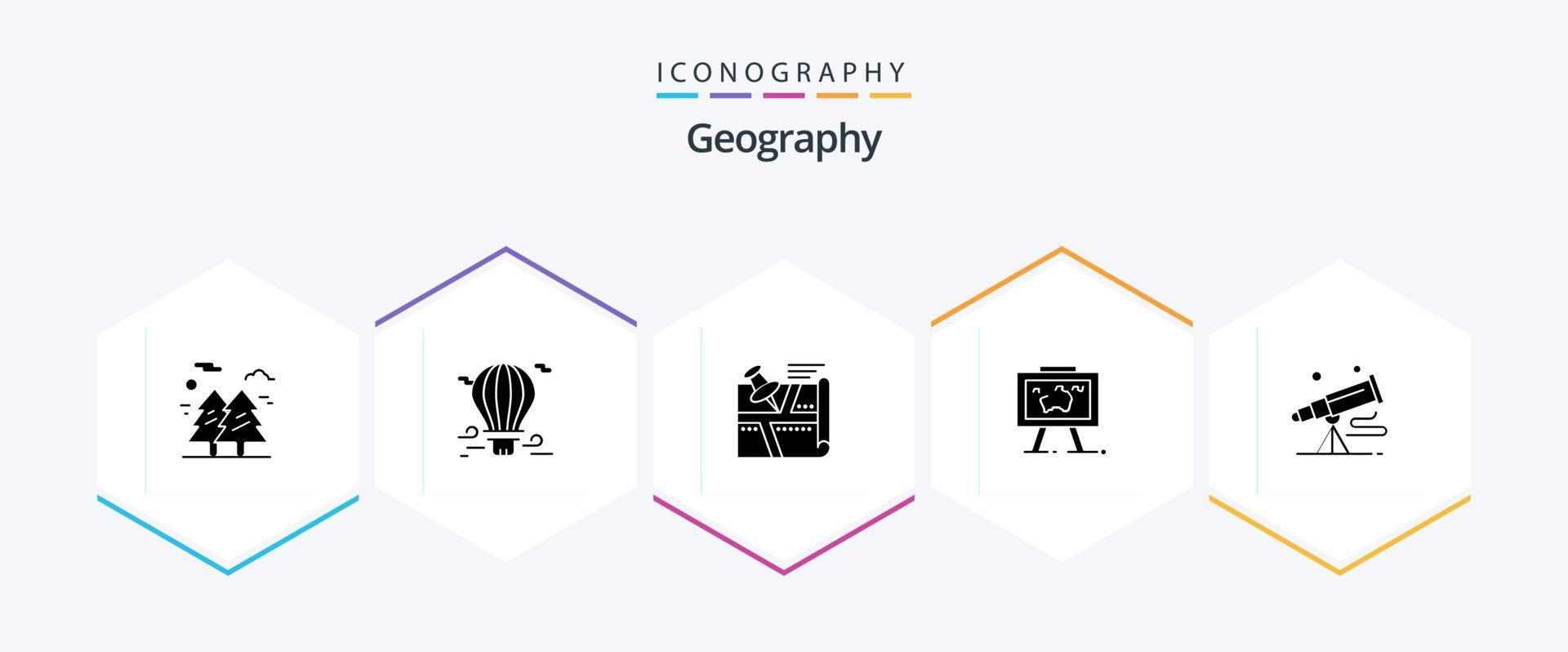 paquete de iconos de 25 glifos de geografía que incluye colgar. presentación. globo. mapa. posición vector