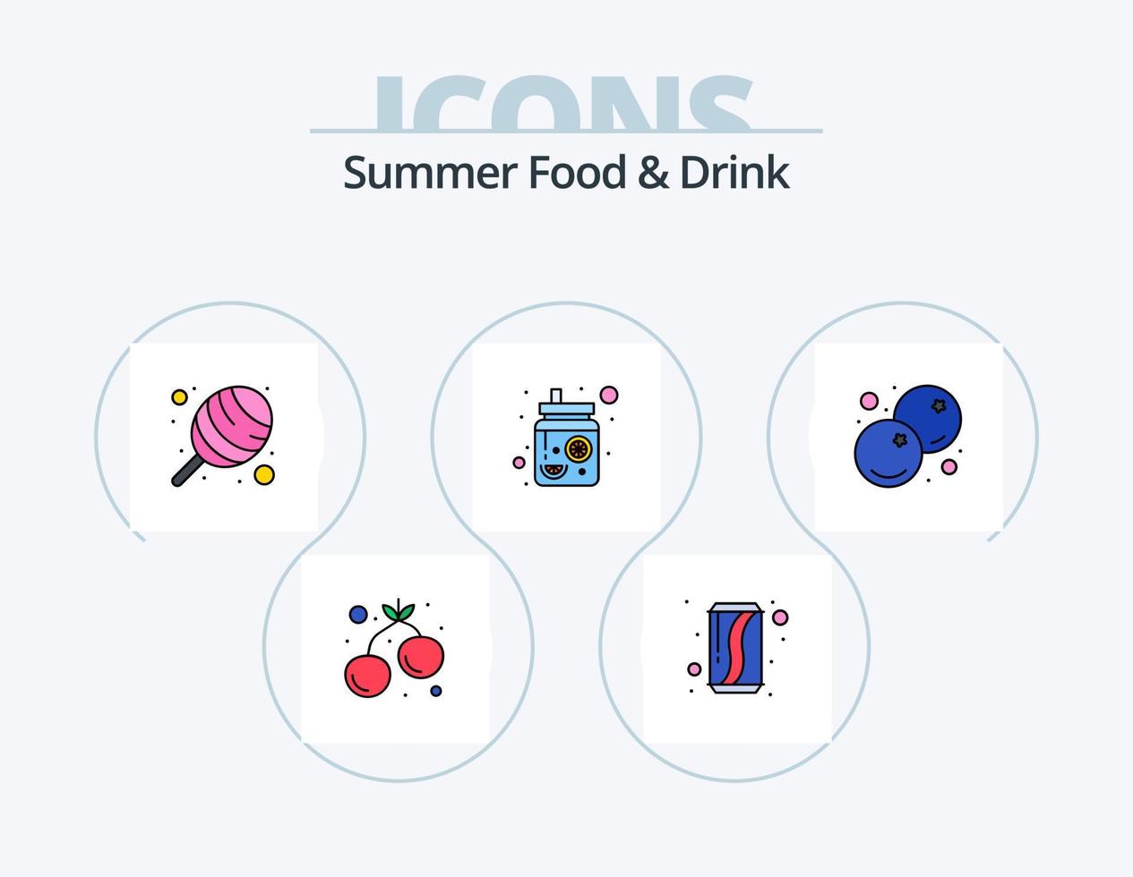 Summer Food and Drink Line Filled Icon Pack 5 Icon Design. summer drink. juice. food. cup. salad vector