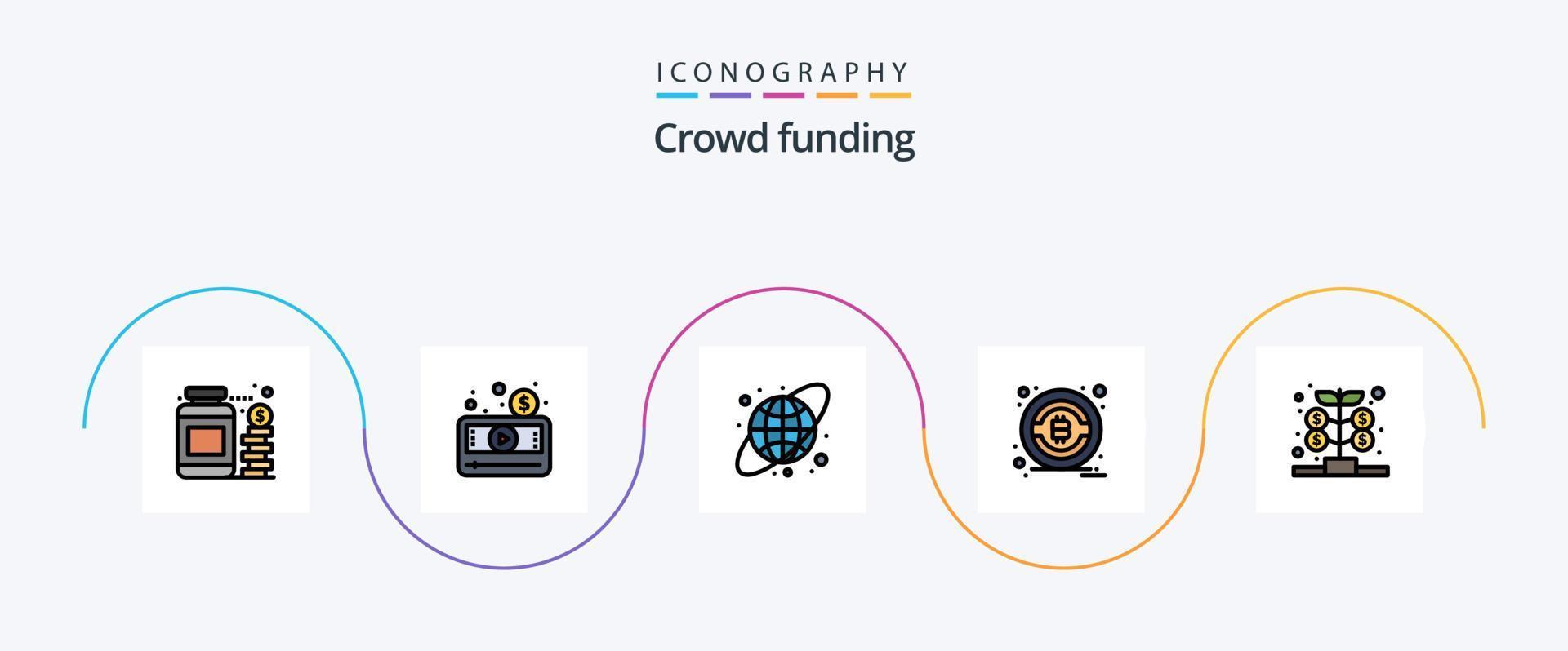 la línea de crowdfunding llenó el paquete de iconos flat 5 que incluye la inversión. fondo. video. btc. bitcoin vector