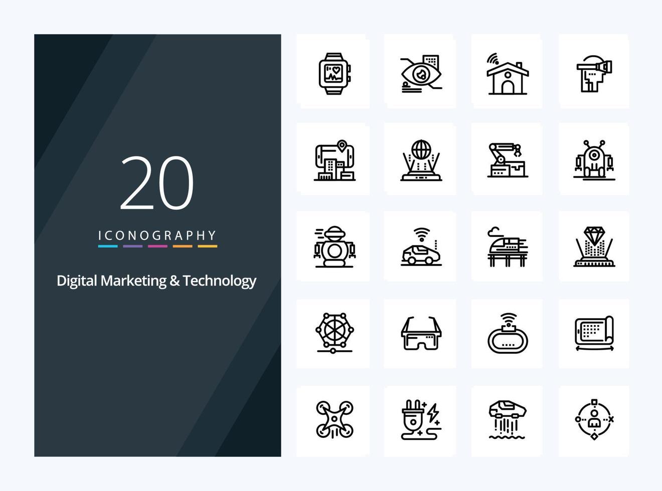 20 icono de esquema de tecnología y marketing digital para presentación vector