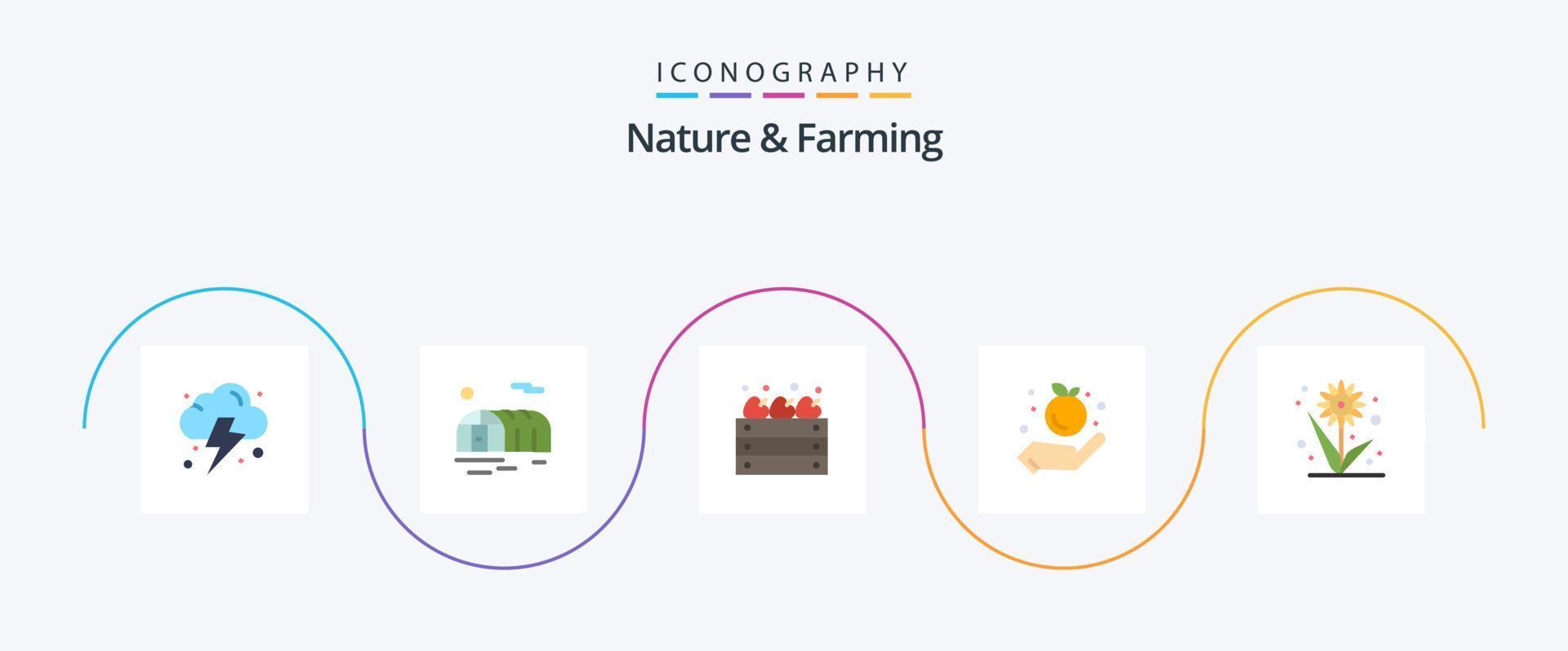 Paquete de 5 íconos planos de naturaleza y agricultura que incluye. planta. granja. flor. manzana vector