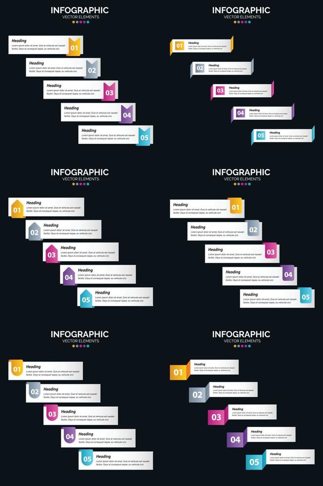 plantilla de diapositiva de presentación del paquete de infografías vectoriales 6 diagramas de ciclo de 5 pasos y líneas de tiempo vector