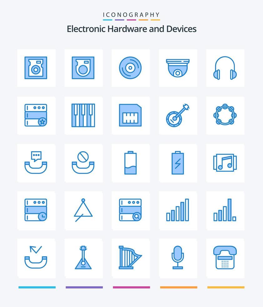 Paquete de 25 iconos azules de dispositivos creativos como favorito. sonido. techo. música. auriculares vector