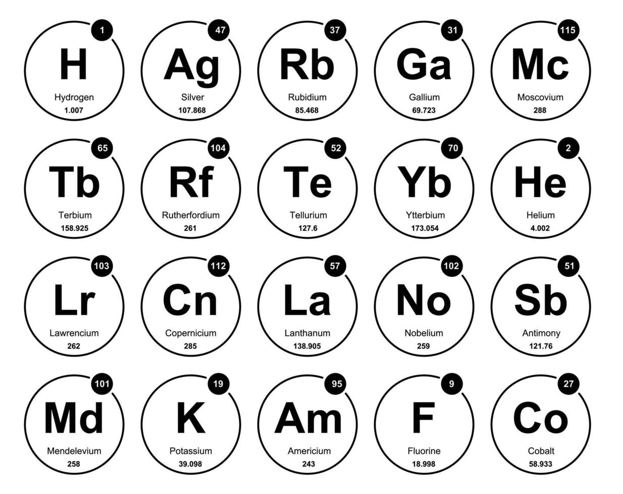 diseño de paquete de iconos de 20 tablas preiodicas de los elementos vector