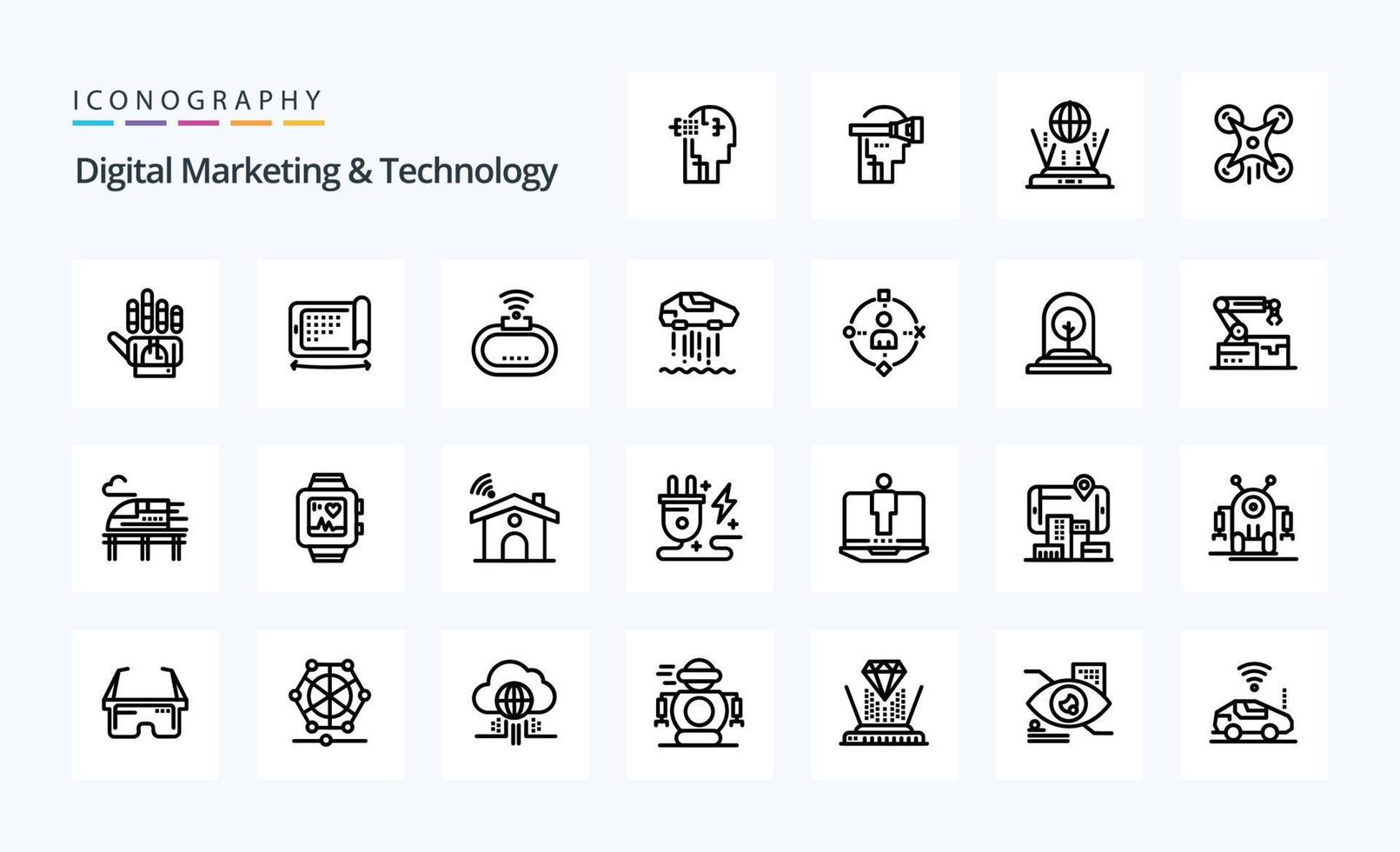 paquete de iconos de línea de 25 marketing digital y tecnología vector