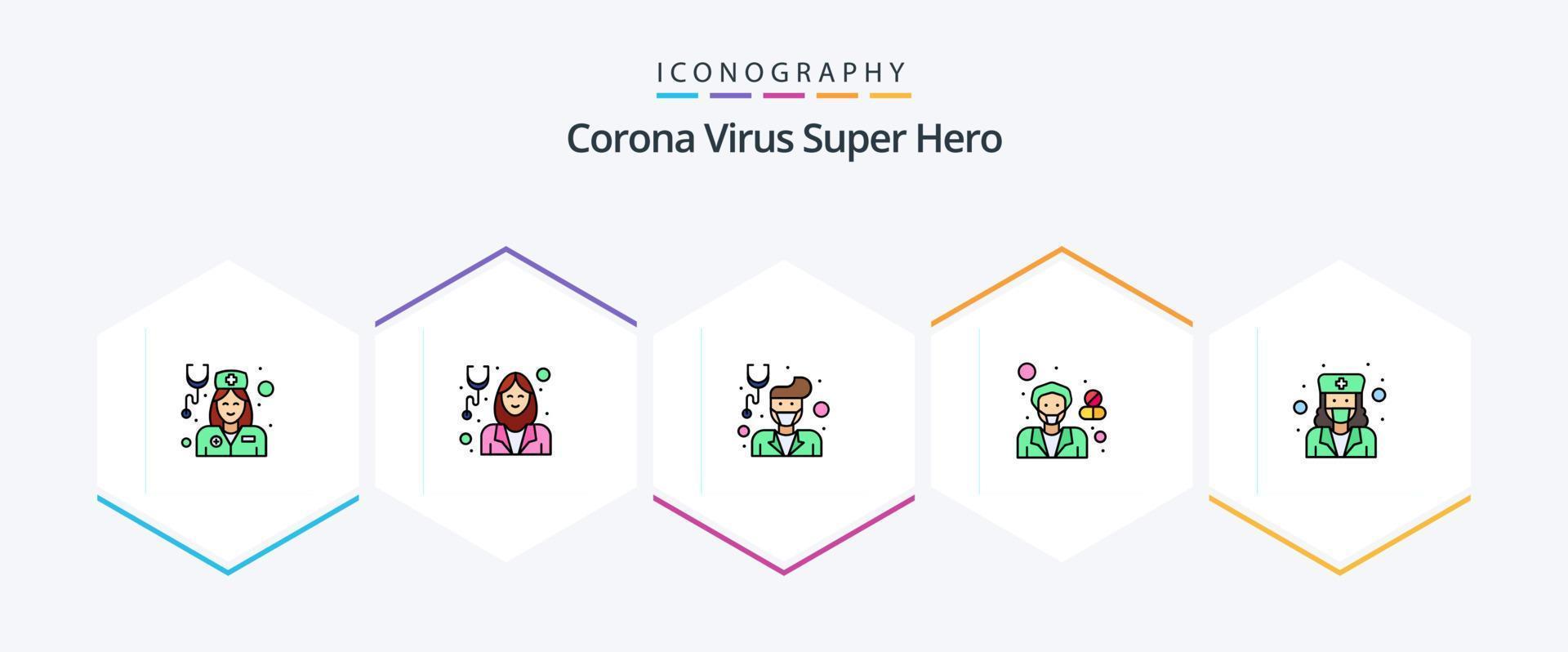 corona virus super hero 25 paquete de iconos de línea completa que incluye mujer. farmacéutico. avatar. hospital. femenino vector