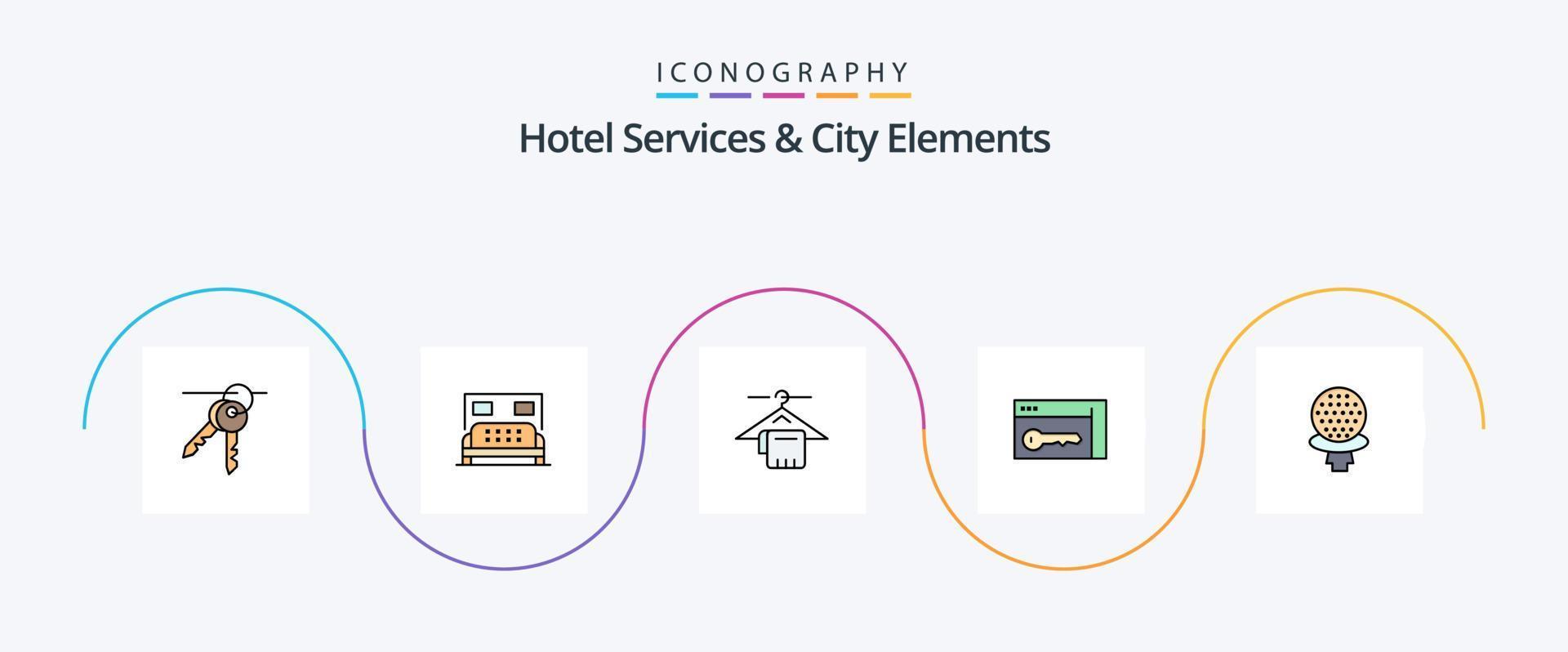 Hotel Services And City Elements Line Filled Flat 5 Icon Pack Including sport. room. hanger. key. browser vector