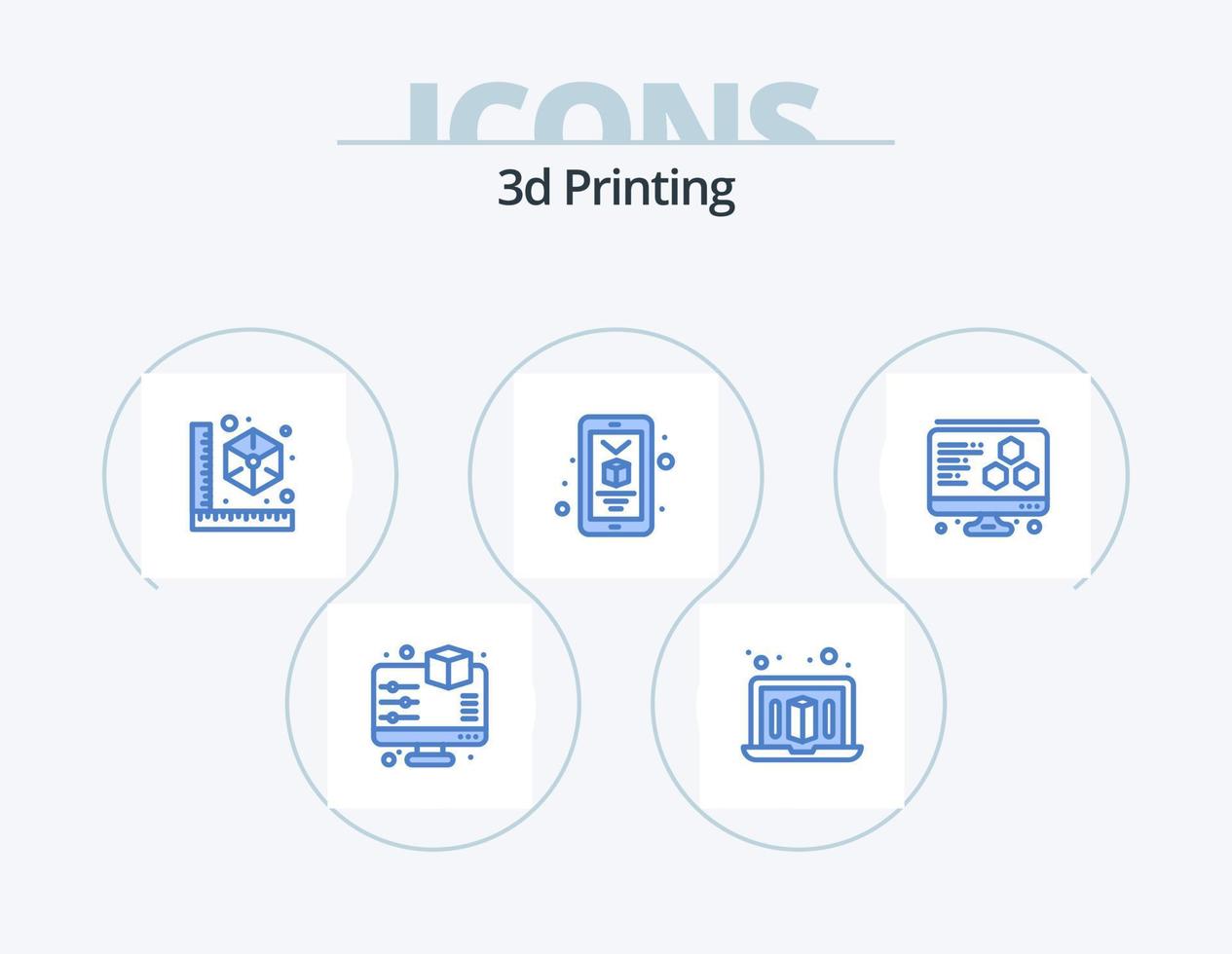 Diseño de iconos del paquete de 5 iconos azules de impresión 3d. impresión. teléfono inteligente cubo. impresión. 3d vector