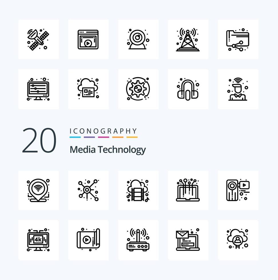 20 Media Technology Line icon Pack like movie system cloud media hardware vector