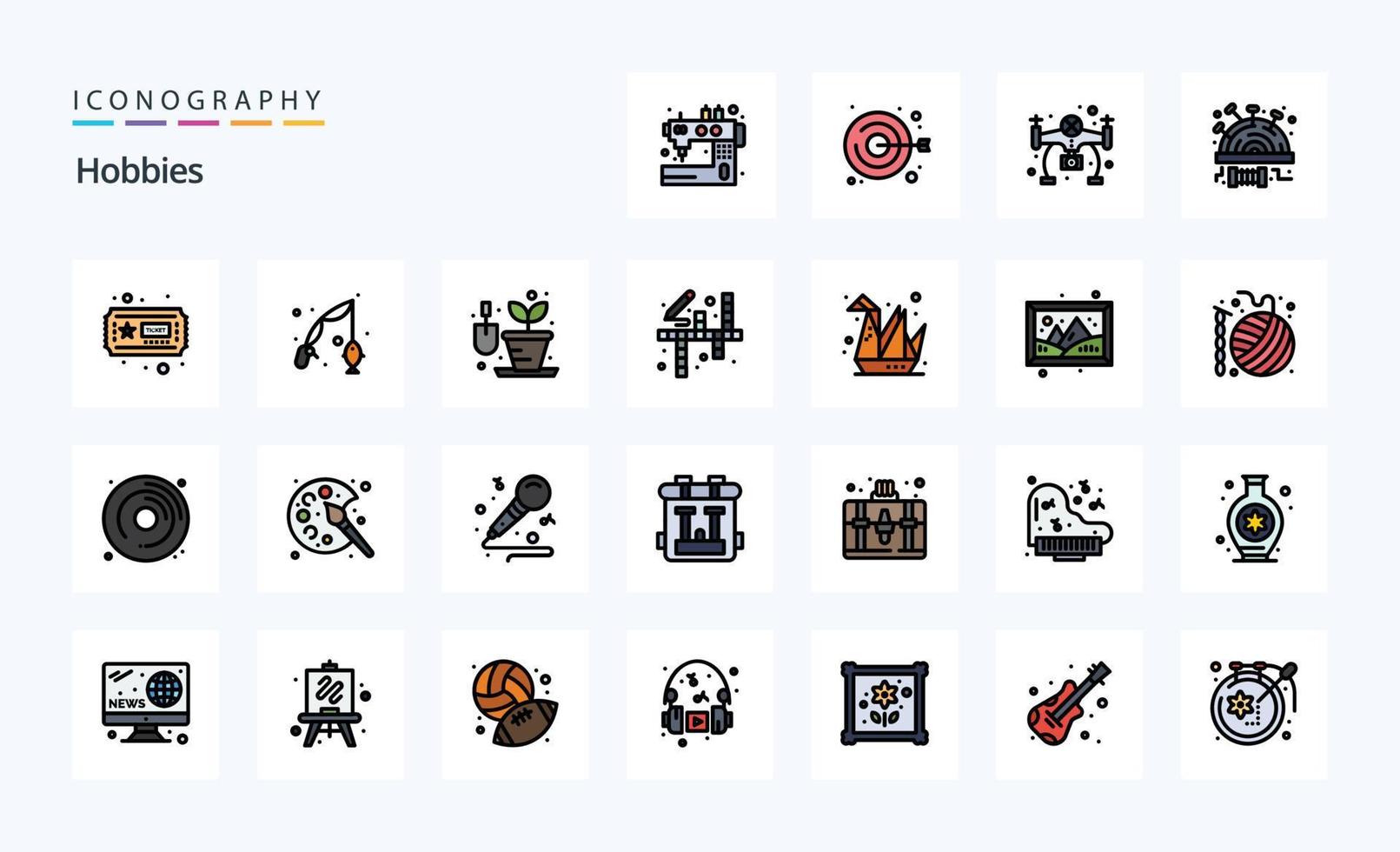 paquete de iconos de estilo lleno de línea de 25 pasatiempos vector